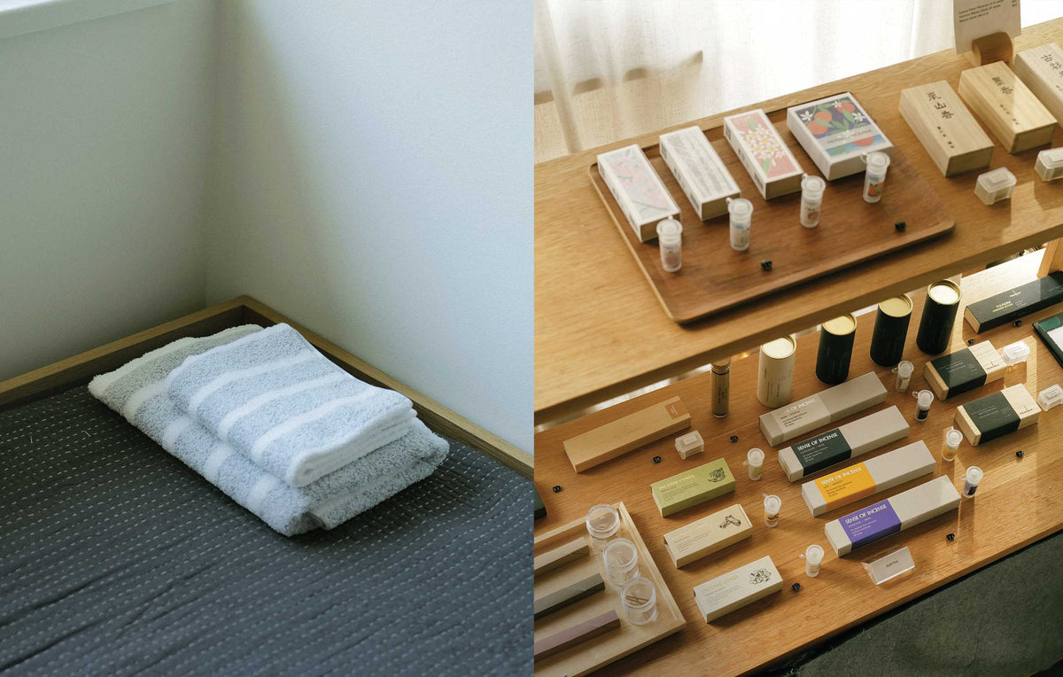 Japanese Imabari towels and incense styled at SORT, a design store in Vancouver