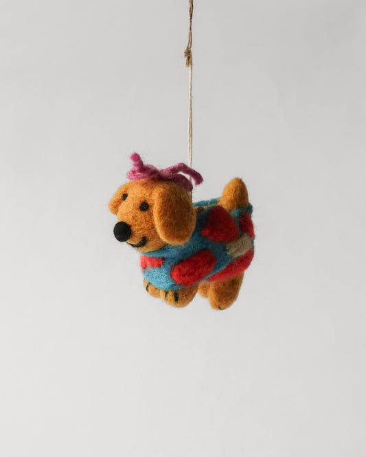 Felt Ornament — Fifi (Wrapped Dog with Pink Bow)