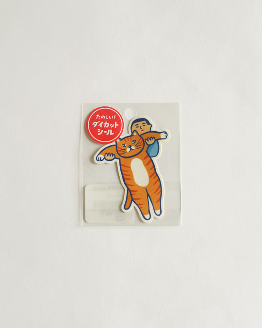 Japan Retro Die Cut Sticker - Boy Holding Big Cat — Japanese sticker at SORT Vancouver