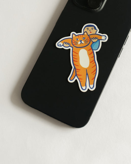 Japan Retro Die Cut Sticker - Boy Holding Big Cat